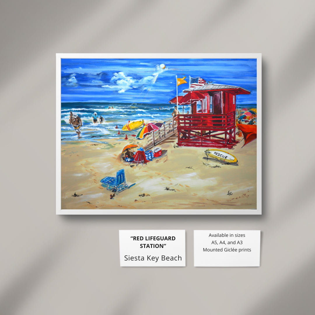Giclée wall art print Red Lifeguard Station, Siesta Key Beach Neutral Aesthetic Mural Painting Exhibition