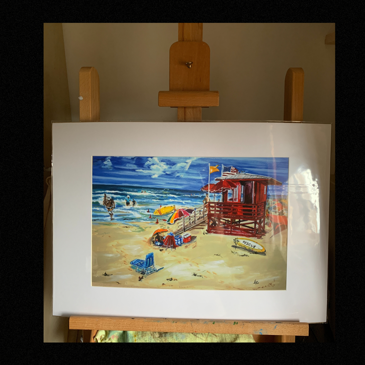 Giclée wall art print Siesta Key Red Lifeguard Station, A3 mounted on easel