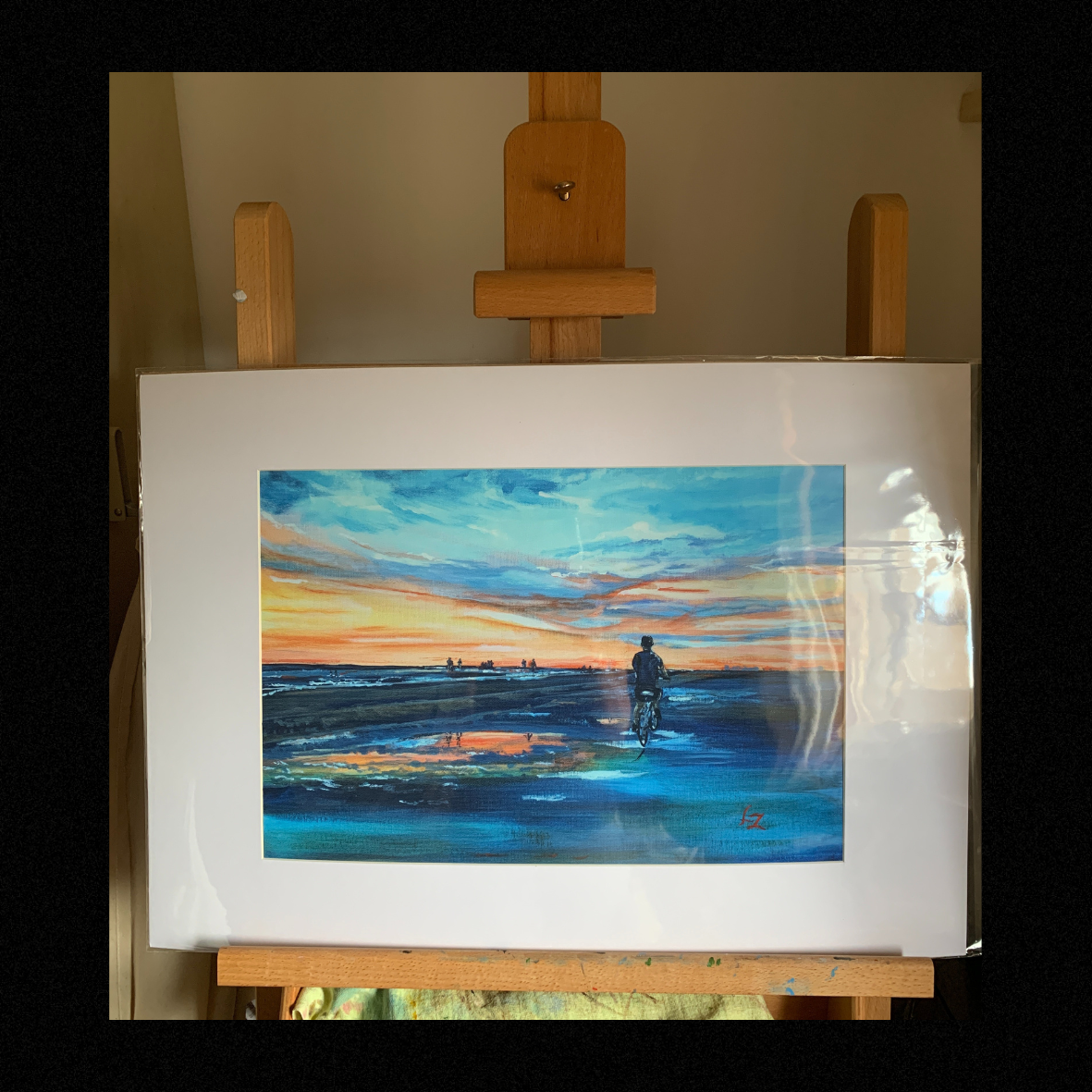 Giclée art print Sunset Cycle Siesta Key Florida, A3 mounted on easel