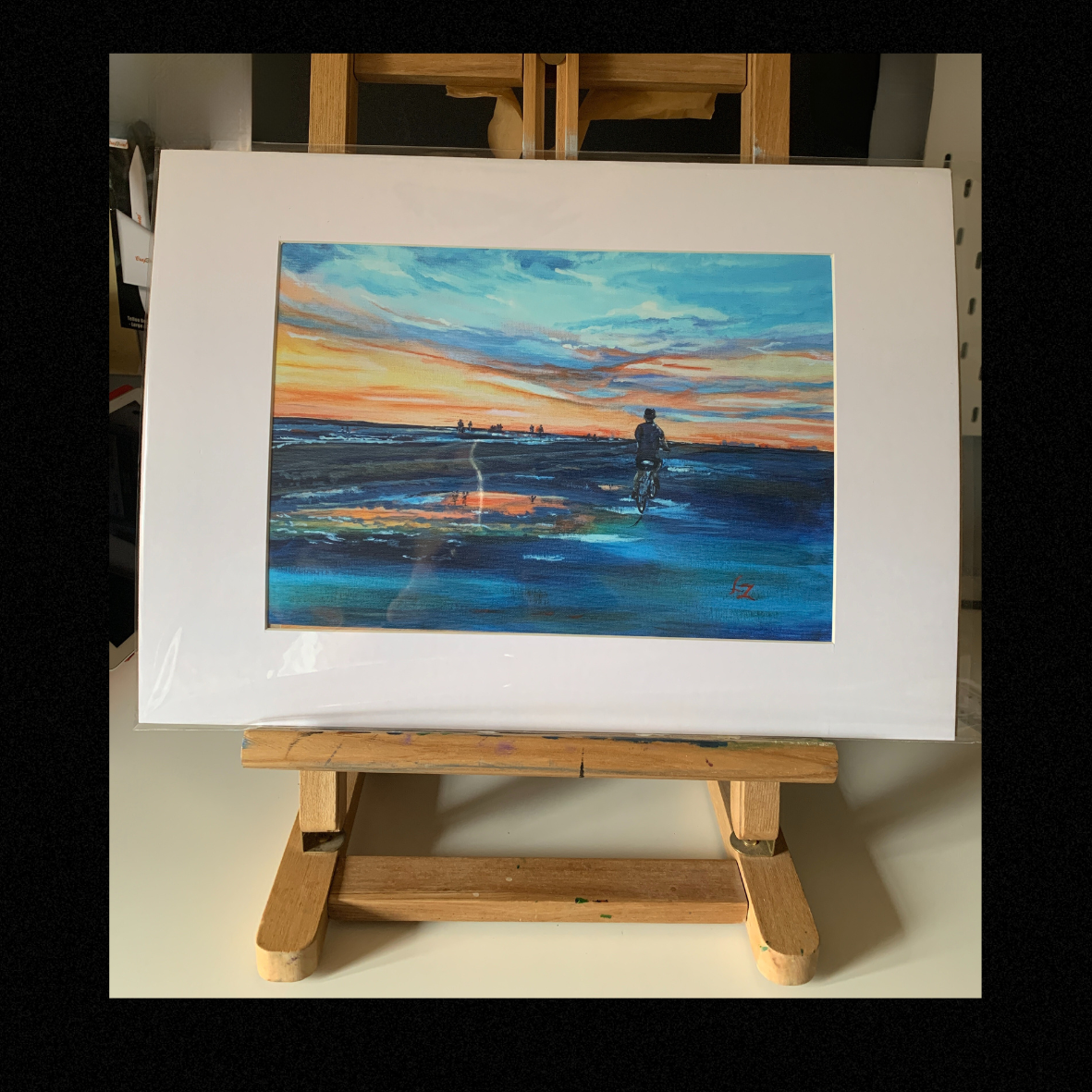 Giclée art print Sunset Cycle Siesta Key Florida, A4 mounted on easel