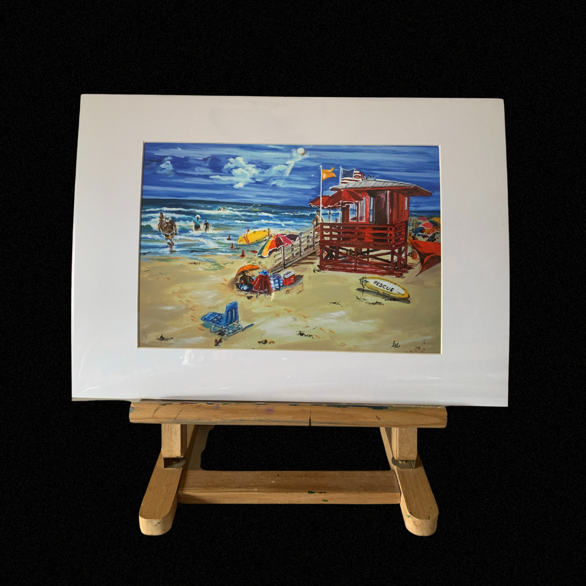 Giclée wall art print Siesta Key Red Lifeguard Station,  A4 mounted on easel