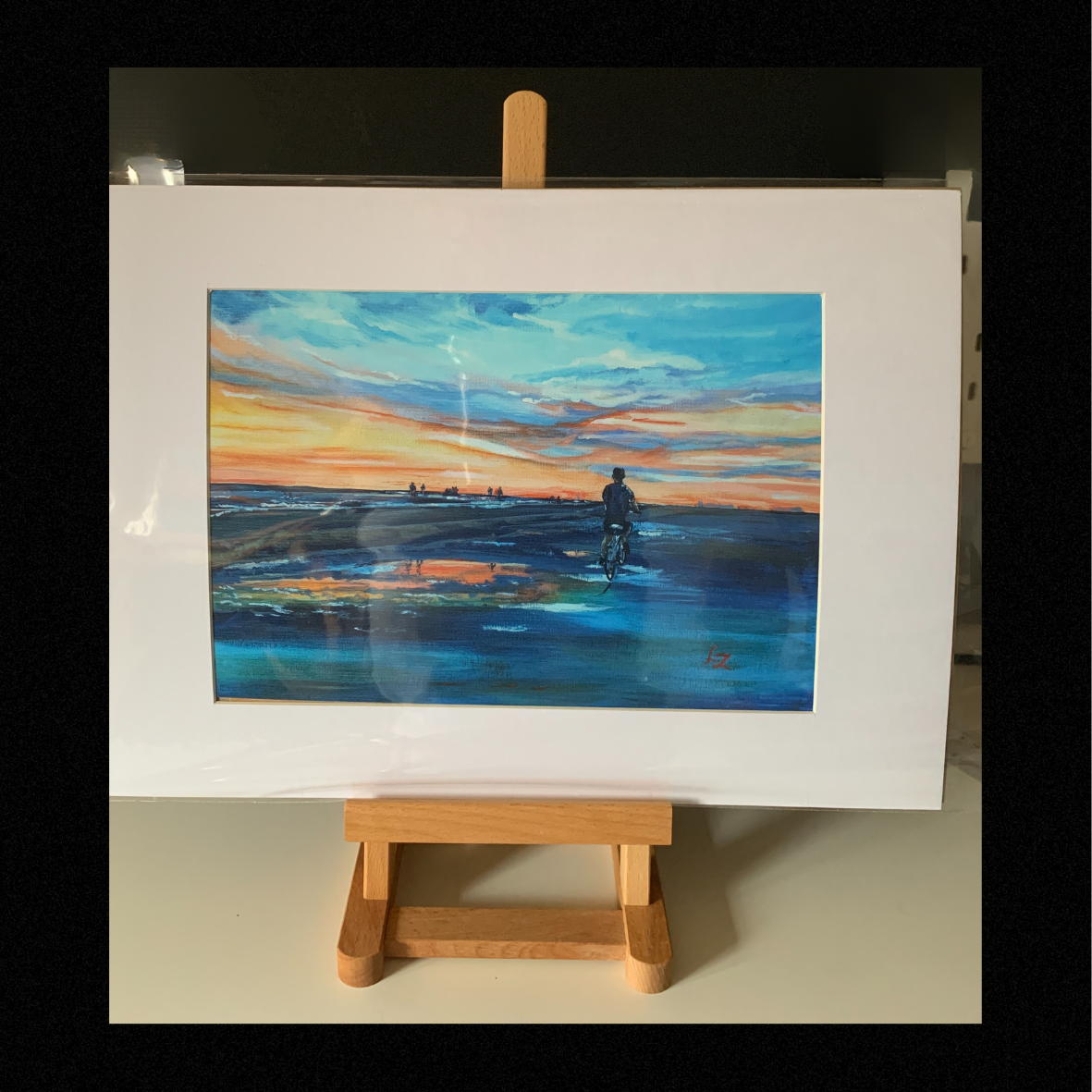 Giclée art print Sunset Cycle Siesta Key Florida, A5 mounted on easel